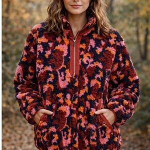 Sage Collective Sherpa Fleece Jacket – Abstract Floral Print Zip Up M